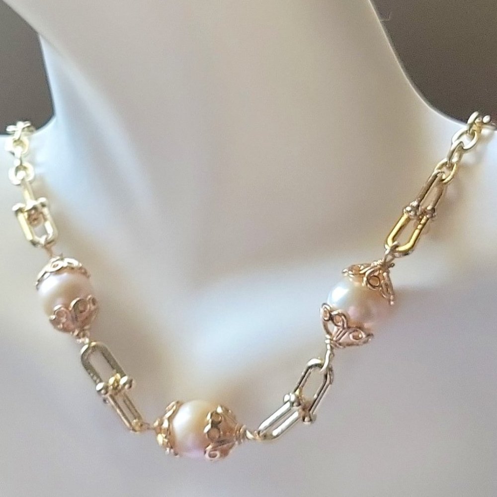 NEW U-Link Chain and Oval Rolo Chain with natural Cultured Pearls Necklace